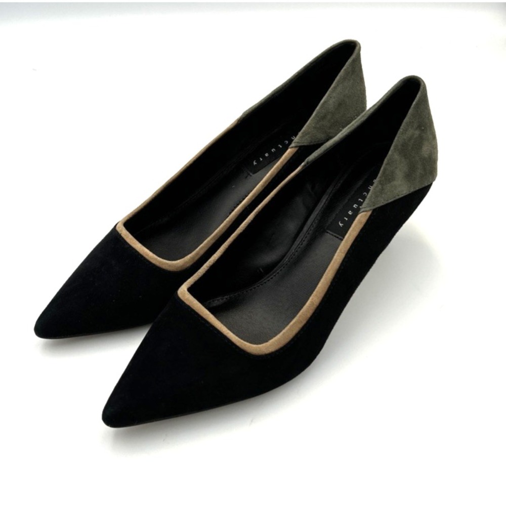 Sanctuary Suede Pumps Heels Shoes 7.5M Pointed Kitten Heels Black Olive Tan Trim